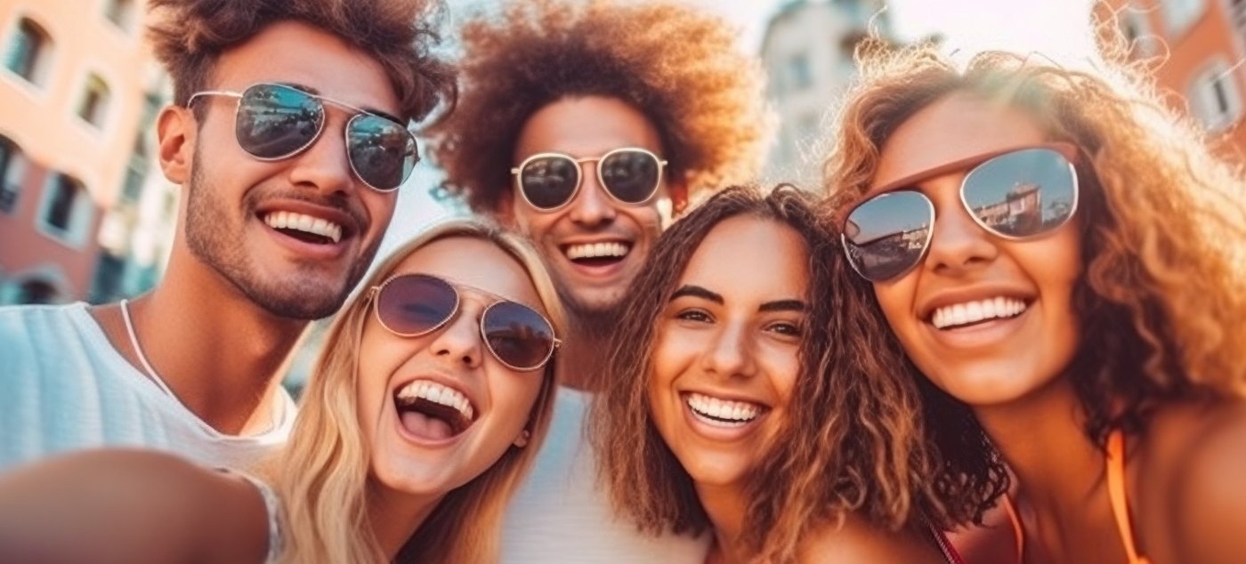 Group of adults smiling together after cosmetic dentistry in Newark