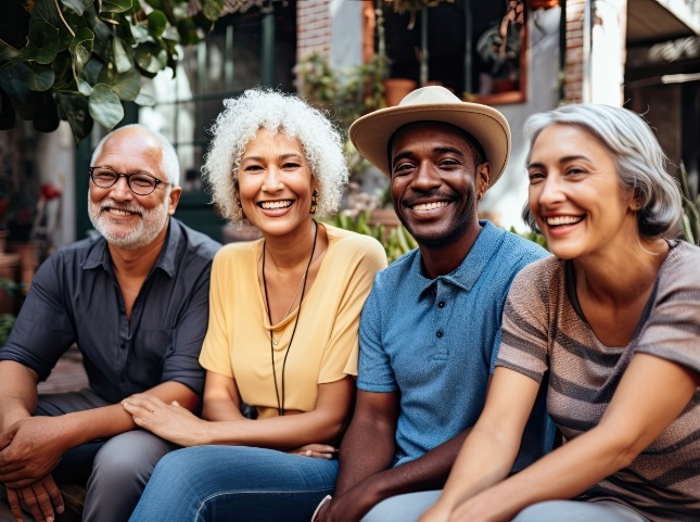 Four adults smiling and sitting on bench together