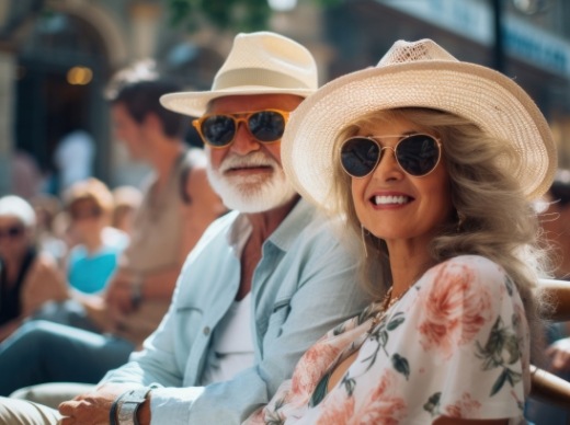 Senior man and woman smiling in sunhats and sunglasses
