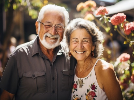 Senior man and woman smiling with red flowers in background