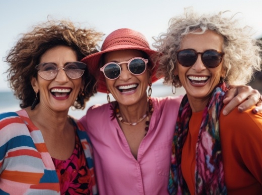 Three woman smiling together on beach