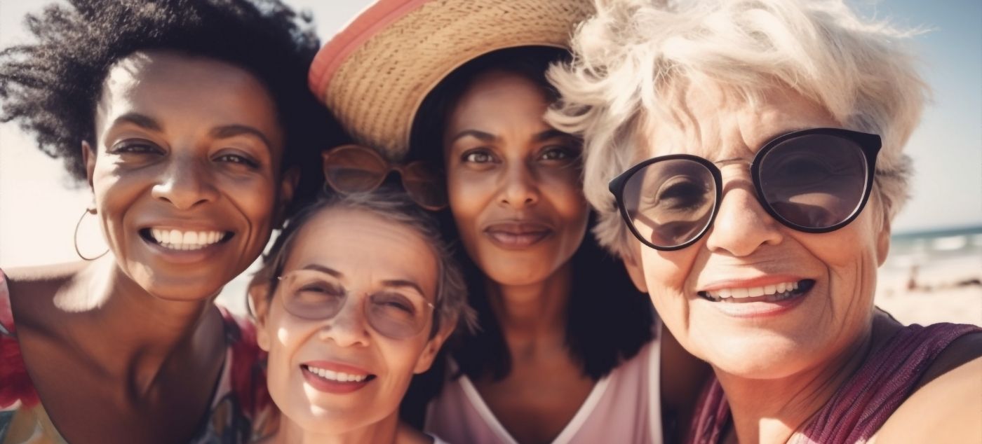 Four senior women smiling together on beach