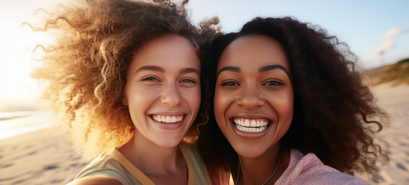 Mother and young daughter smiling outdoors after preventive dentistry in Newark