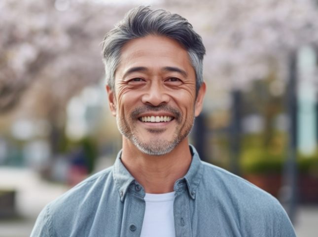Man in gray shirt smiling outdoors